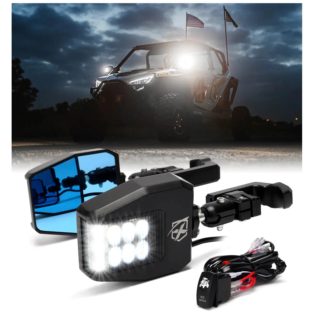 UTV Side View Mirror with LED Spotlight & C-Clamp Brackets
