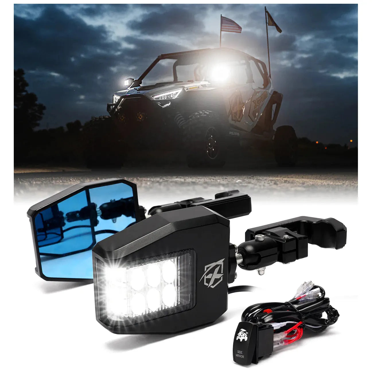 UTV Side View Mirror with LED Spotlight & C-Clamp Brackets