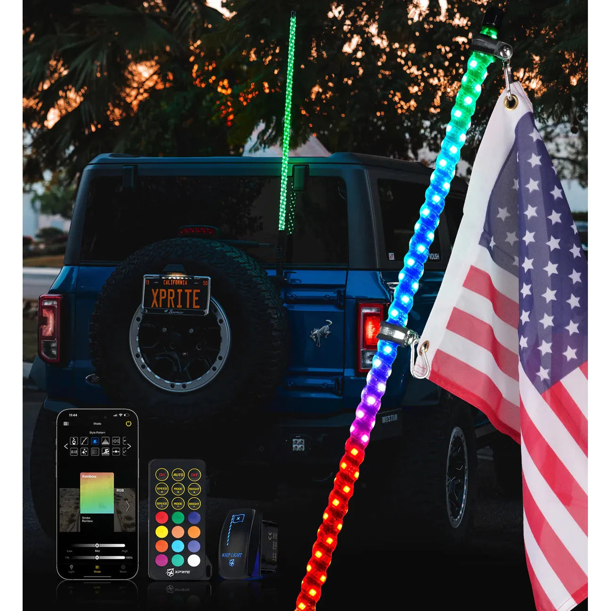 Multi-Color LED Flag Pole Whip Light with Remote Control & Bluetooth With Spring Base