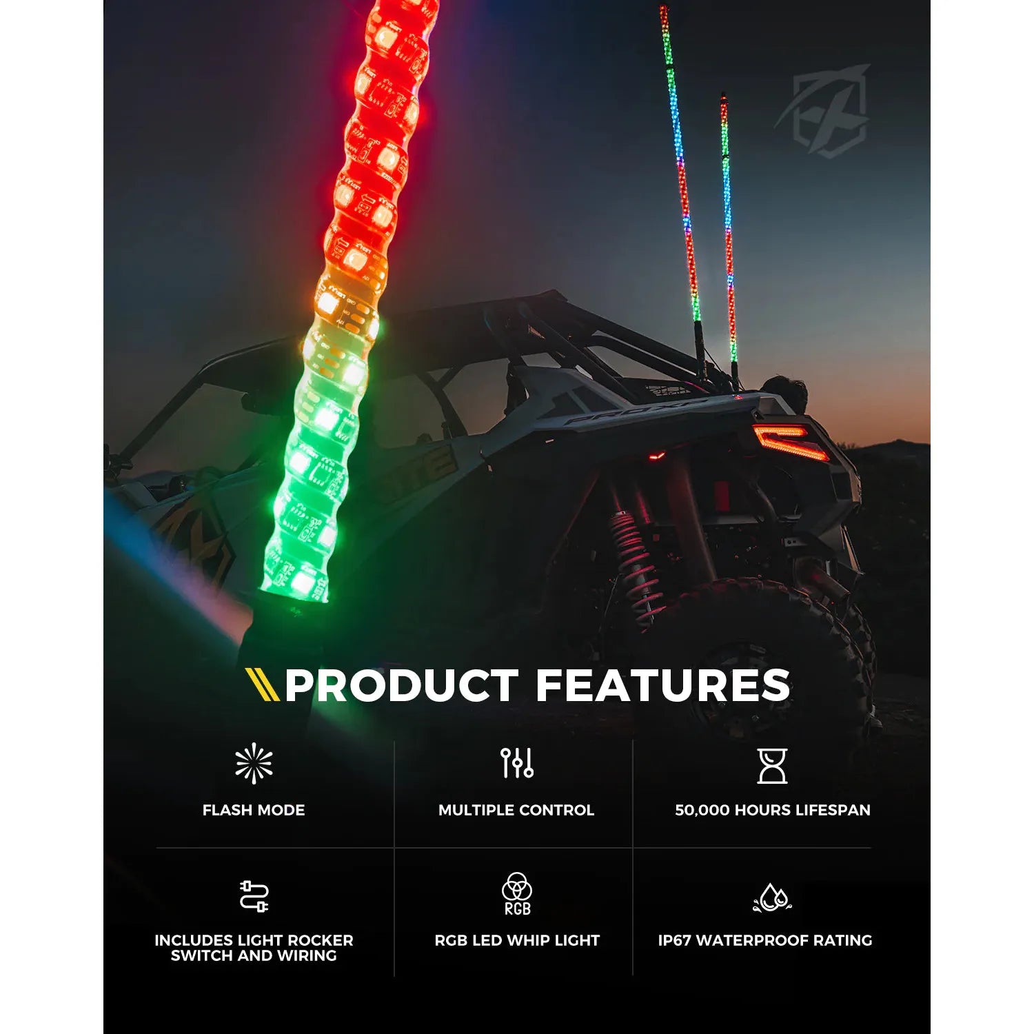 Multi-Color LED Flag Pole Whip Light with Remote Control & Bluetooth With Spring Base