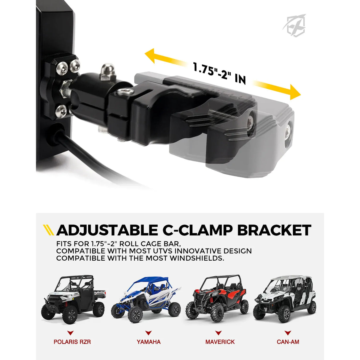 UTV Side View Mirror with LED Spotlight & C-Clamp Brackets