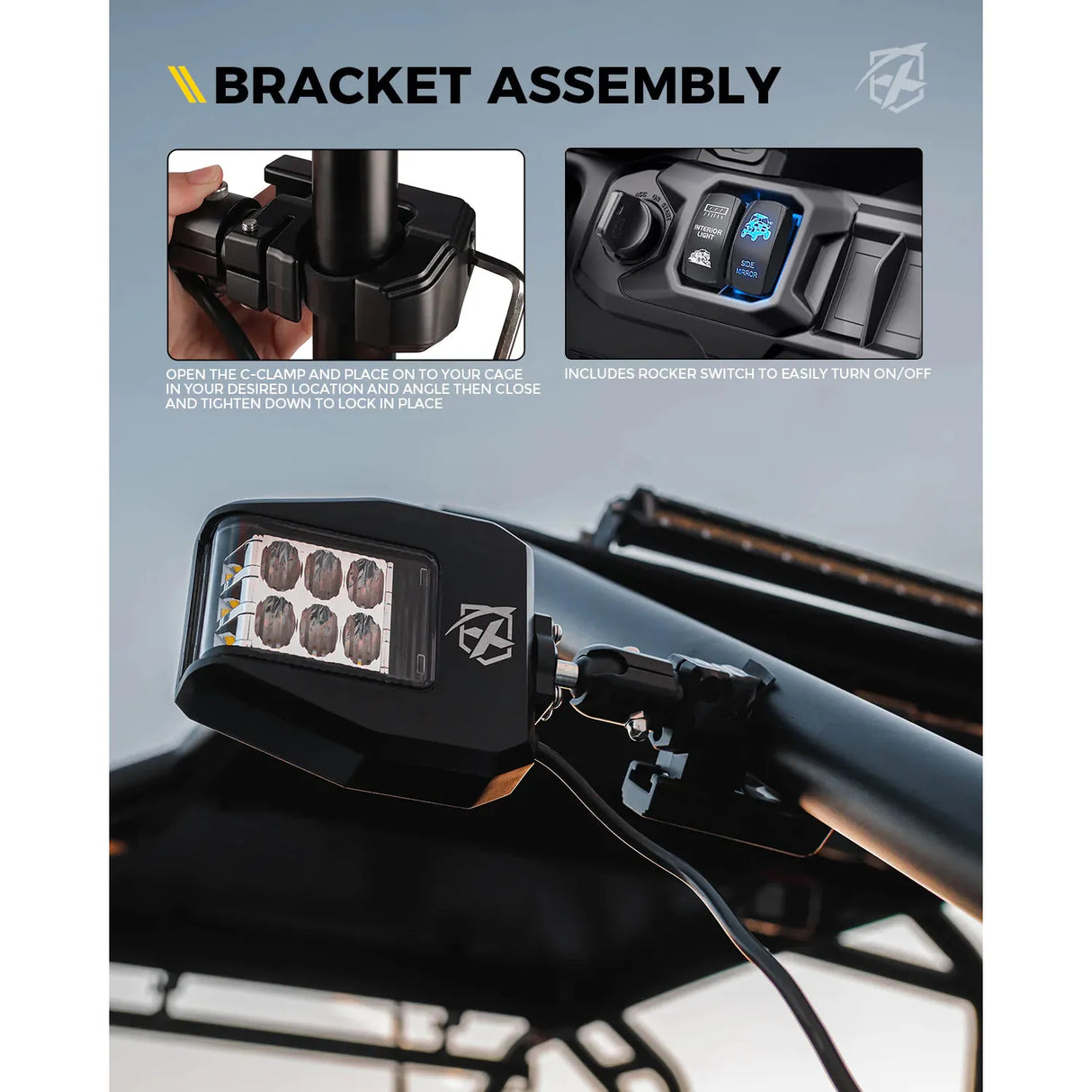 UTV Side View Mirror with LED Spotlight & C-Clamp Brackets