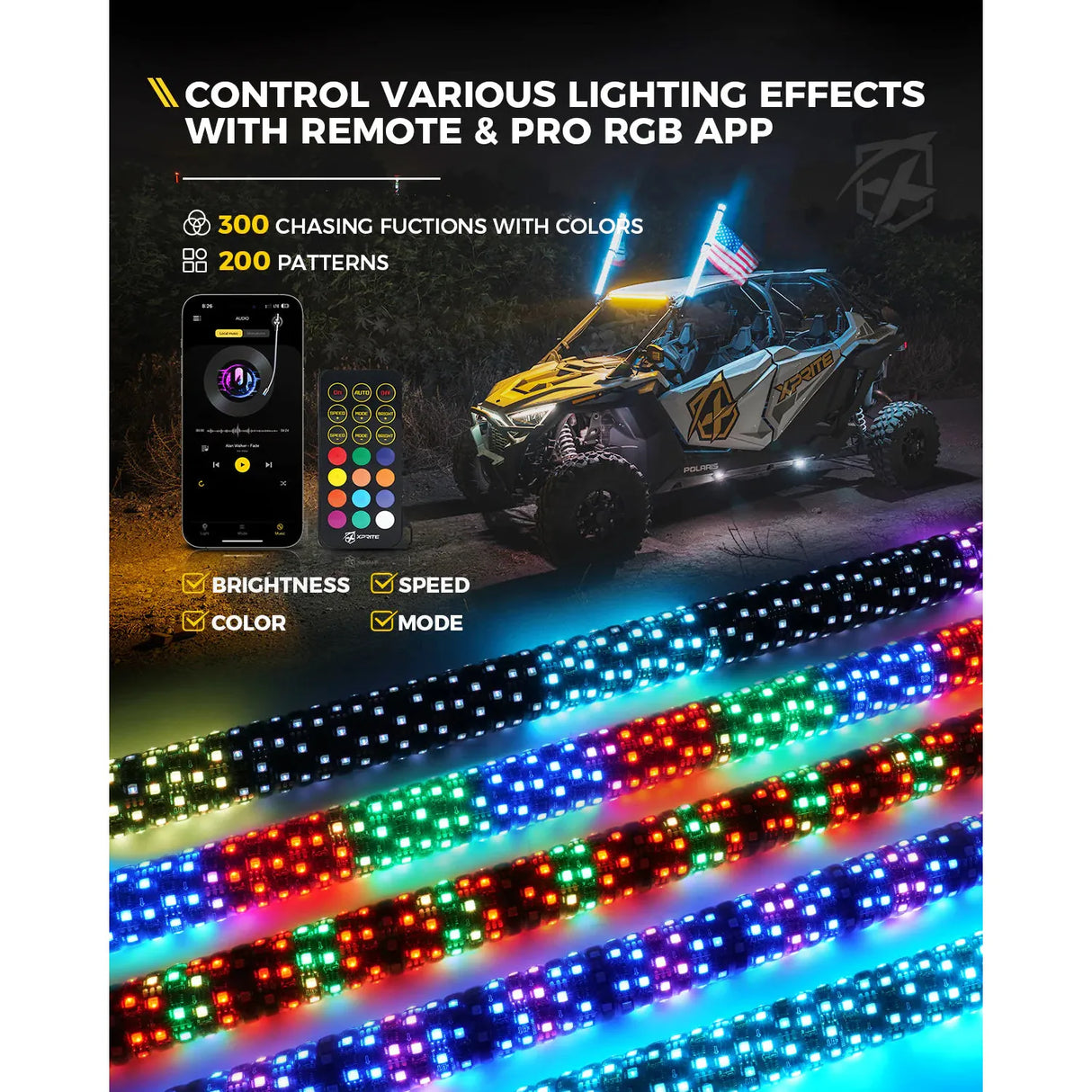 Xprite 3ft RGB-W Fat LED Whip Lights w/ U.S. Flag