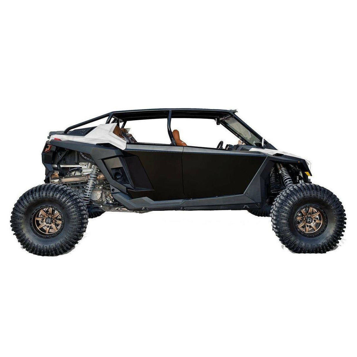 A Polaris RZR PRO XP 4 with black aluminum doors installed on it.