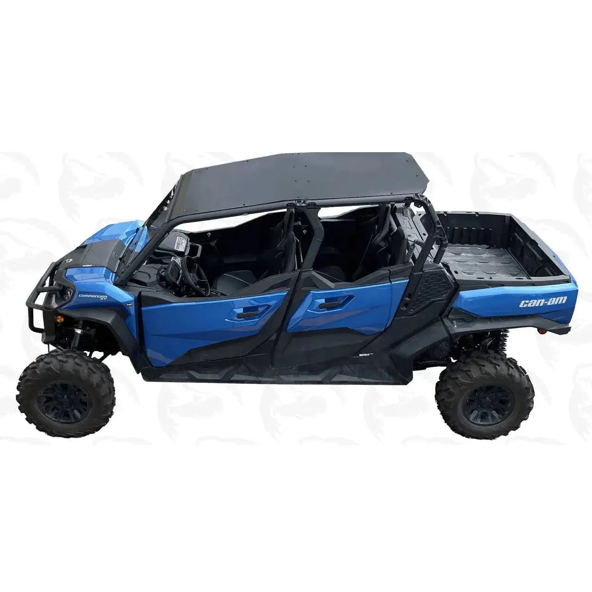 Black aluminum roof installed on a blue Can Am Commander MAX UTV.