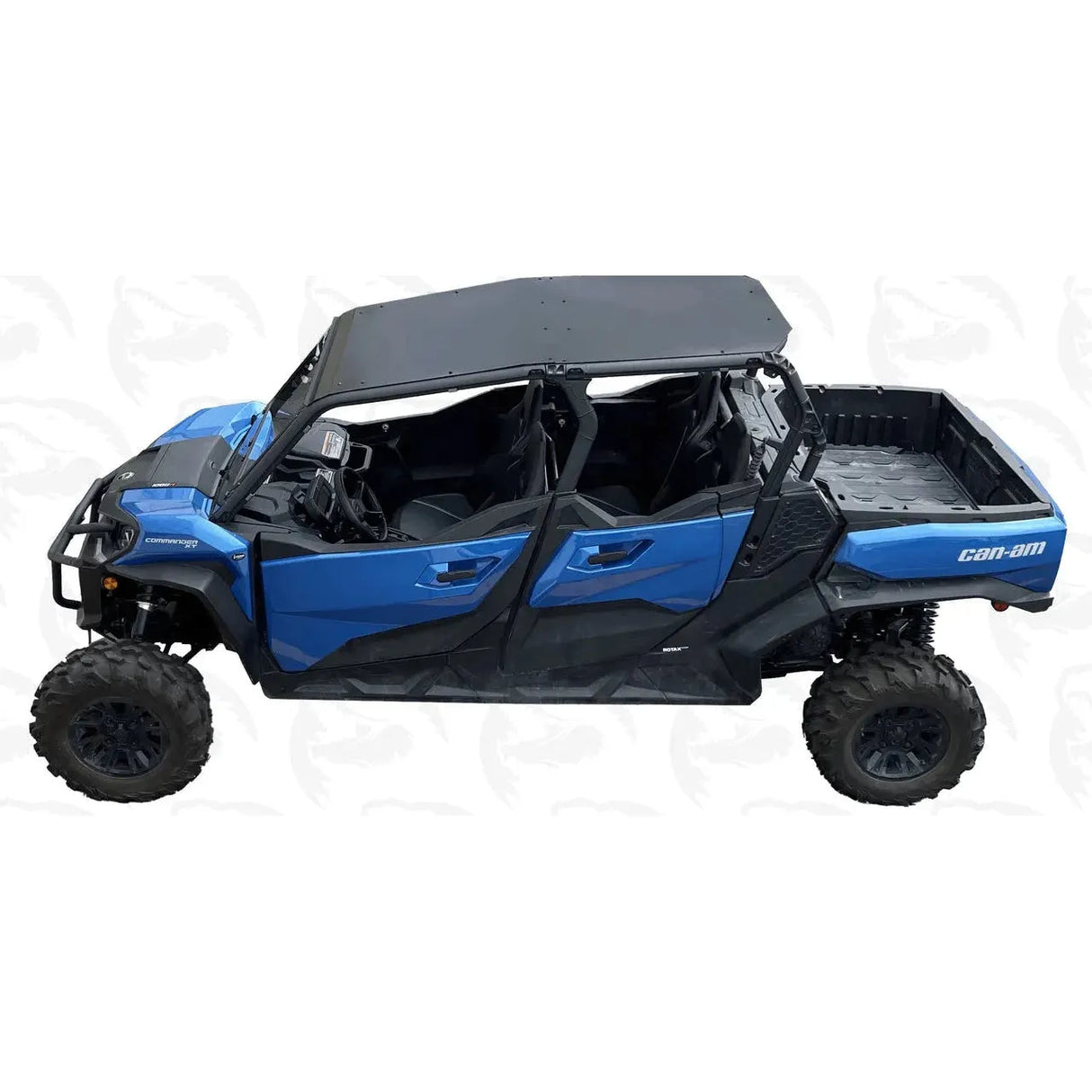 Black aluminum roof installed on a blue Can Am Commander MAX UTV.