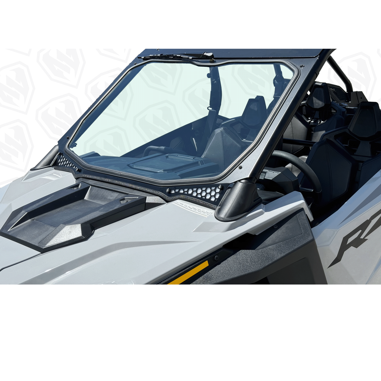 Full glass windshield designed for Polaris RZR PRO with a black powder-coat finish and aluminum mounting clamps.