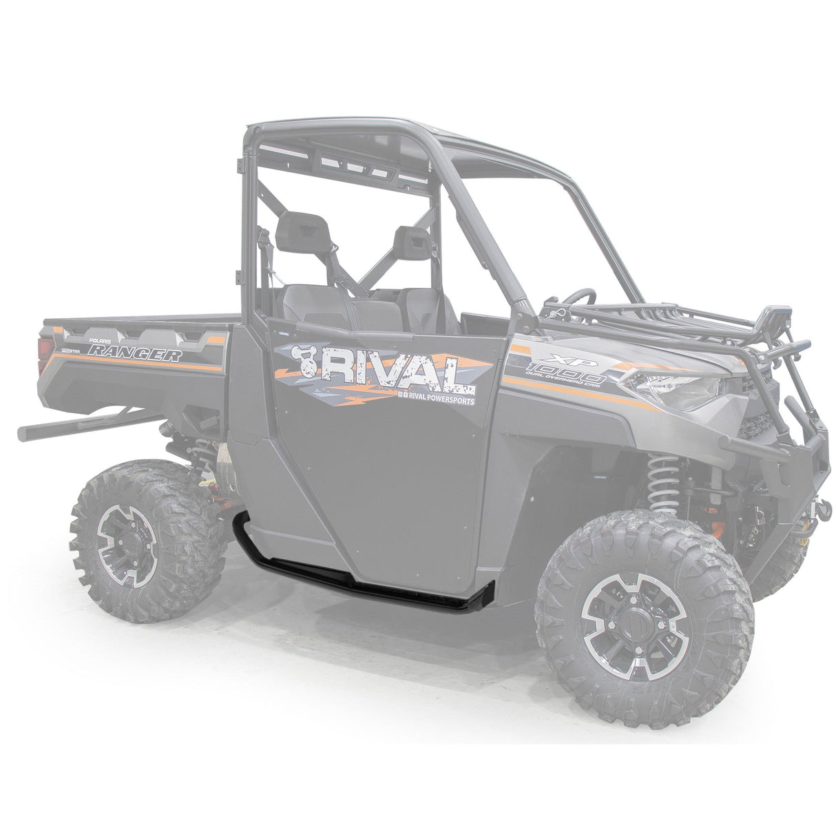 A set of black rock sliders designed for the Polaris Ranger 1000 / 1000 XP vehicles. The image shows the sliders installed on a gray Polaris Ranger 1000 model, which has a similar design to the actual product.