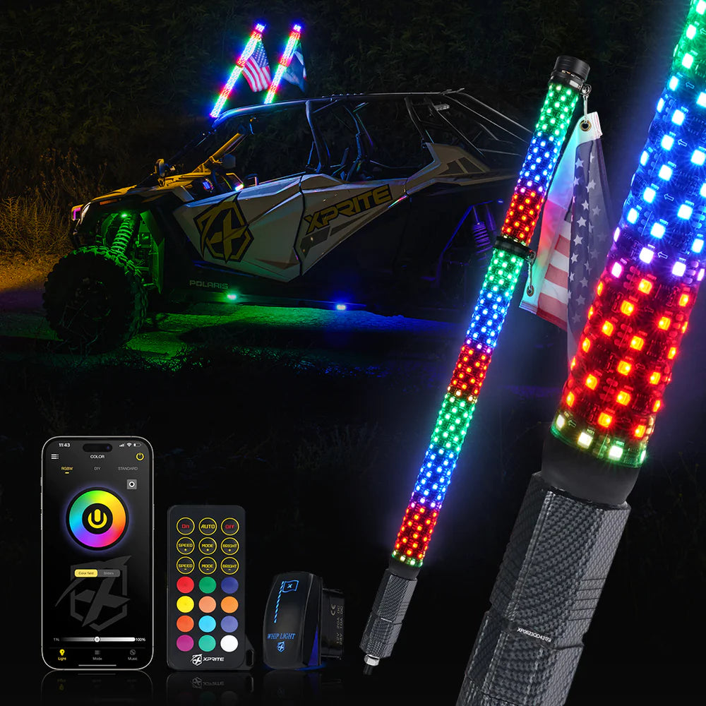 Xprite 3ft RGB-W Fat LED Whip Lights w/ U.S. Flag