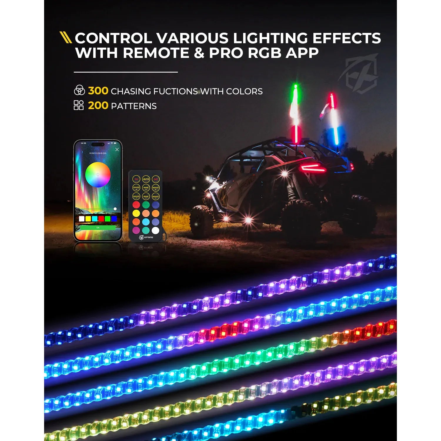 BAU 3ft RGB LED Antenna Whip Light – Remote Controlled – For ATV UTV RZR Polaris – Includes USA Flag